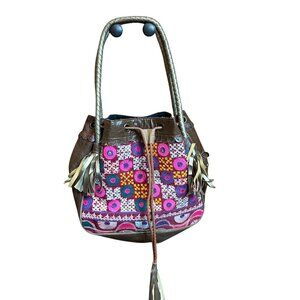 Jaypore Boho Embroidered Leather Hobo Drawstring Handbag Purse